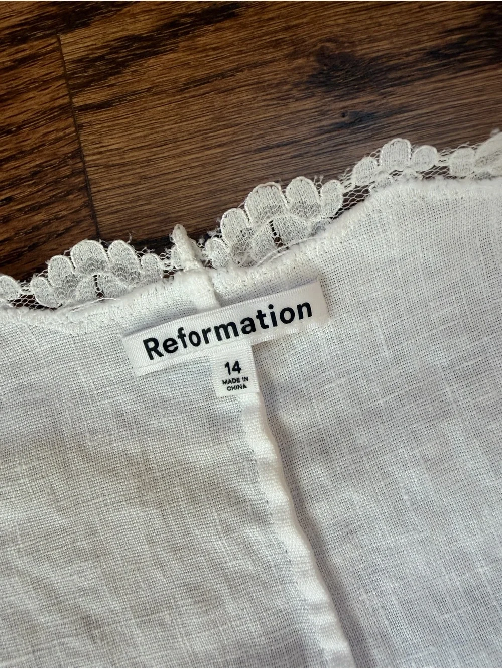 Reformation White Linen Lace-Trim Puff Sleeve Blouse